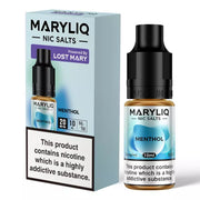 The image shows a product packaging and a bottle of MARYLIQ Menthol Nic Salt E-Liquid, highlighting its 20mg nicotine strength and 10ml size, with a label indicating it is TPD compliant.